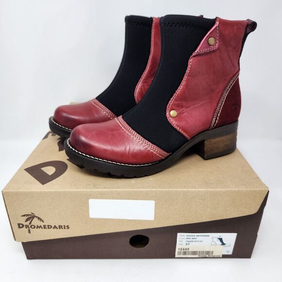 New Dromedaris Womens Kassia Boots Red Leather Neoprene Size EU 37 US 6.5-7 - Picture 3 of 4